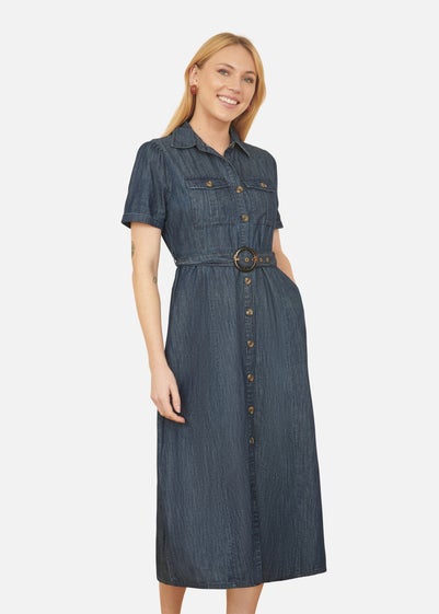 Yumi Blue Chambray Utility Midi Denim Shirt Dress