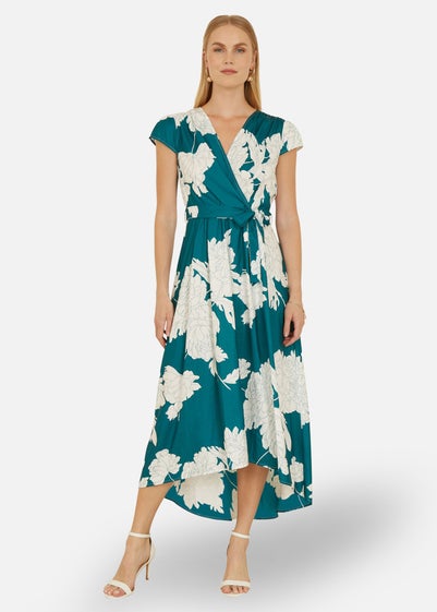 Yumi Green Blossom Print Wrap Midi With Dipped Hem