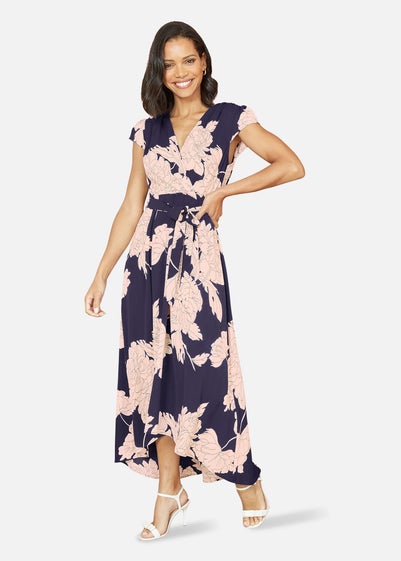 Yumi Navy Blossom Print Wrap Midi With Dipped Hem