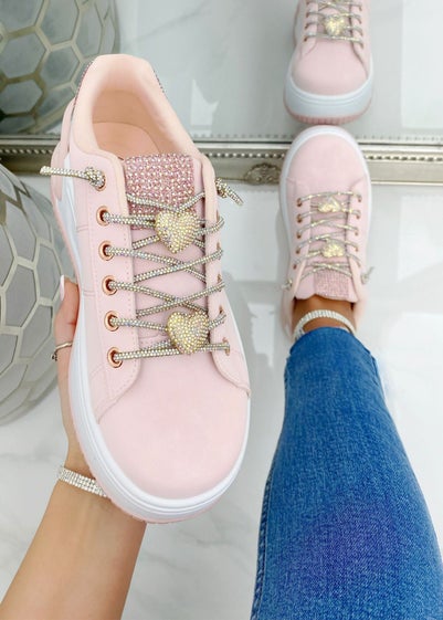 Love Lemonade Pale Pink Crystal Hearts Sparkly Lace Up Trainers