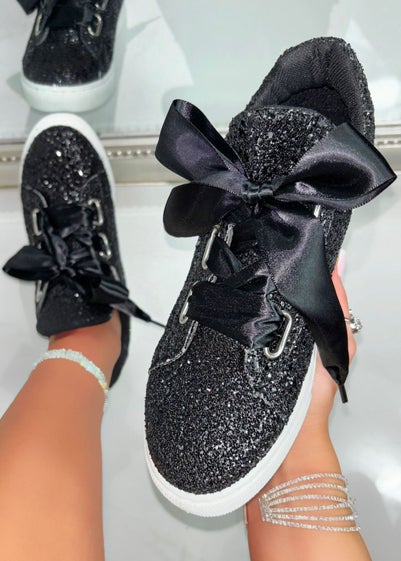 Love Lemonade Black Sparkly Glitter Ribbon Lace Trainers