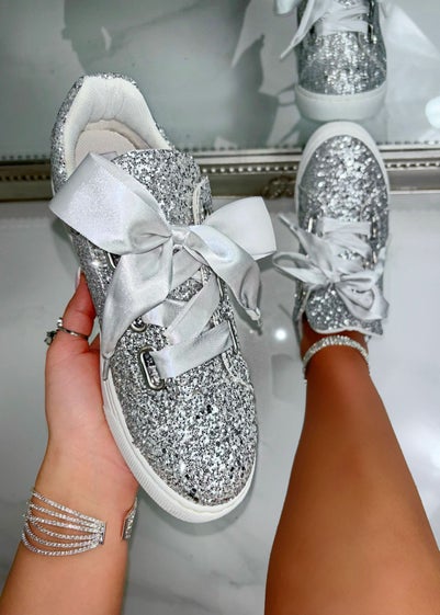 Love Lemonade Silver Sparkly Glitter Ribbon Lace Trainers