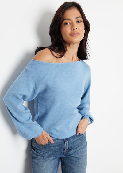 Threadbare Blue Slash Neck Knitted Jumper