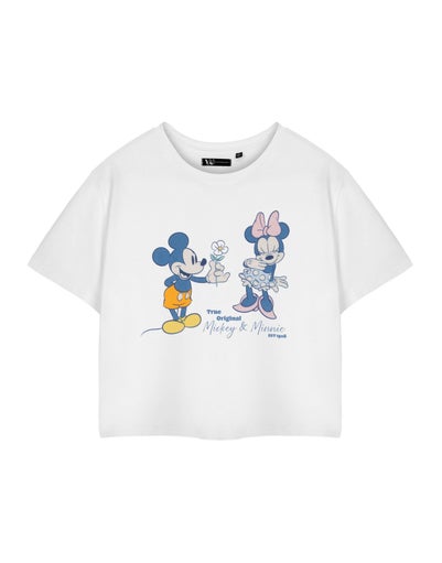 Disney True Original Mickey & Minnie White Cropped Short Sleeved T-Shirt