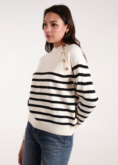 Blue Vanilla Stone Horizontal Stripes Shoulder Button Detailed Jumper