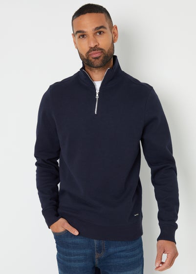 Threadbare Navy Pique Quarter Zip Funnel Neck Sweatshirt