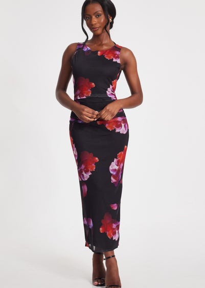 Quiz Black Mesh Floral Midaxi Dress