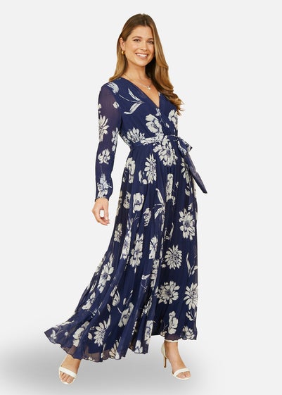 Yumi Navy Floral Pleated Midi Wrap Long Sleeve Dress