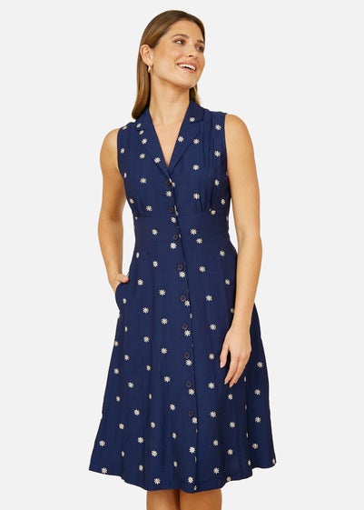 Yumi Navy Daisy Print Sleeveless Shirt Dress