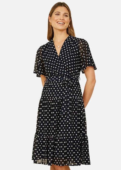 Yumi Navy Dot Print Mesh Stretch Midi Skater Dress