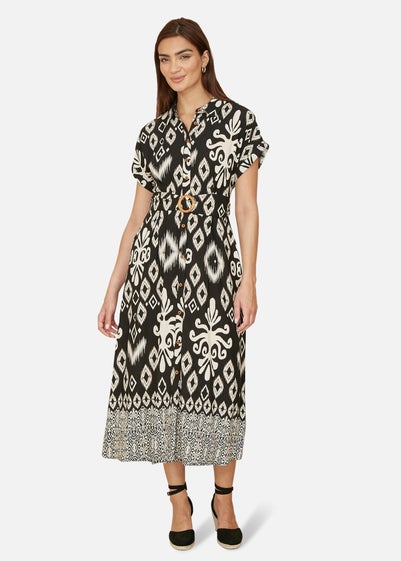 Yumi Black Abstract Geo Print Relaxed Midi Shirt Dress With Belt