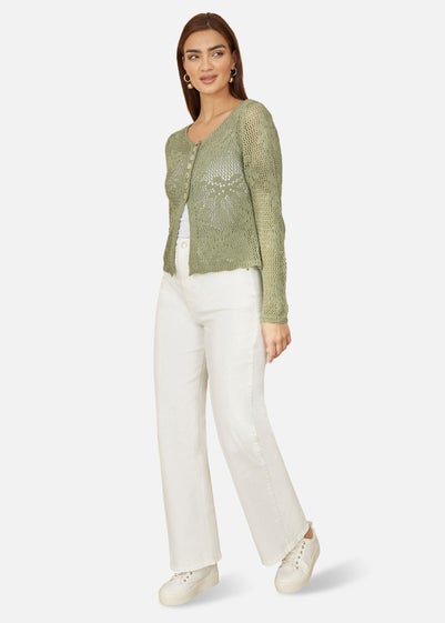 Yumi Green Flower Crochet Button Up Cardigan