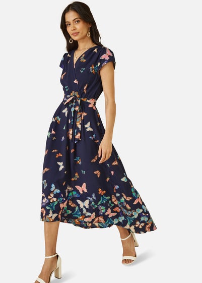 Yumi Navy Butterfly Print Dip Hem Midi Wrap Dress