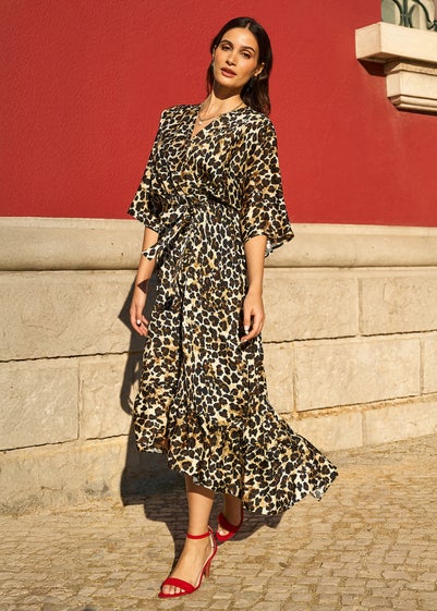 Yumi Brown Leopard Midi Wrap Dress With Kimono Sleeves