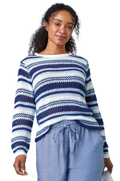 Roman Navy Petite Stripe Print Stretch Knit Jumper