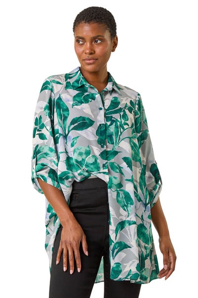 Roman Green Leaf Print Button Detail Sleeve Shirt