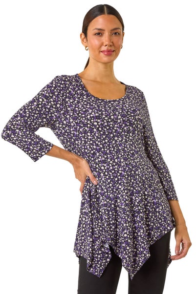 Roman Purple Spot Print Asymmetric Stretch Tunic