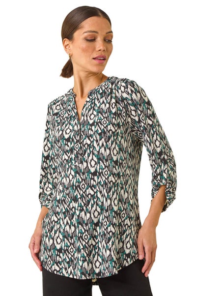 Roman Teal Aztec Print V-Neck Stretch Blouse