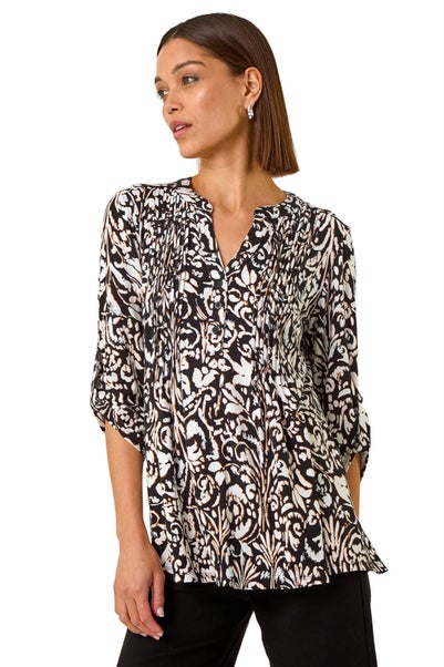 Roman Cream Abstract Print Pintuck Shirt