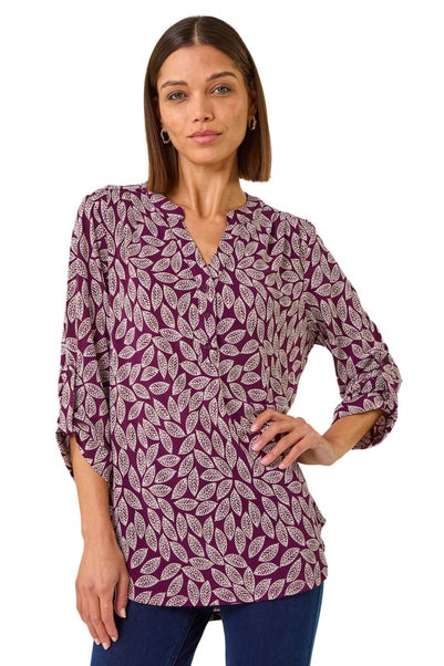 Roman Plum Leaf Print Pleated Shirt