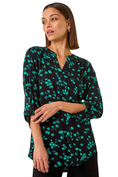 Roman Black Floral Print Shoulder Pleat Blouse