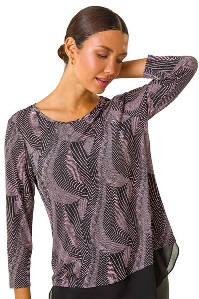 Roman Pink Printed Chiffon Hem Top