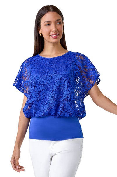 Roman Ink Blue Lace Stretch Bubble Hem Top
