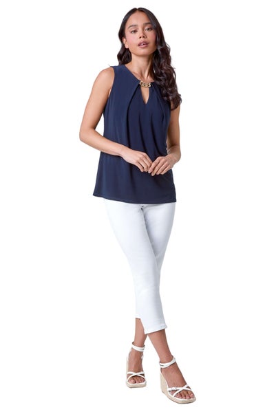 Roman Navy Petite Chain Trim Stretch Top
