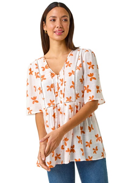 Roman Orange Floral Print Tassel Top