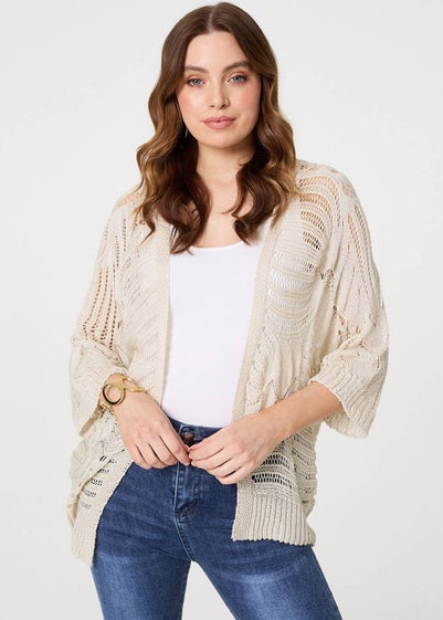 Izabel London Beige Sheer Crochet Open Cardigan