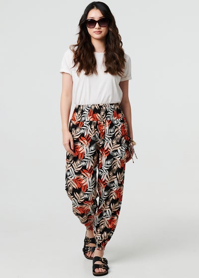 Izabel London Black Leaf Print High Waist Shirred Harem Pants