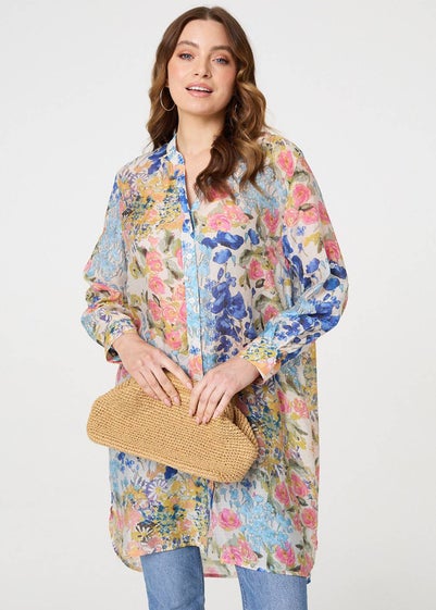 Izabel London Blue Floral Print Longline Semi Sheer Shirt