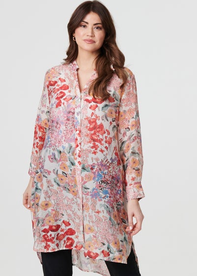 Izabel London Pink Floral Print Longline Semi Sheer Shirt