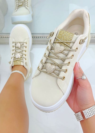 Love Lemonade Beige Crystal Hearts Sparkly Lace Up Trainers