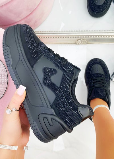 Love Lemonade Black Crystal Detail Wave Chunky Trainers