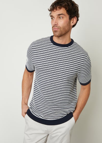 Threadbare Navy Stripe Textured Knitted T-Shirt