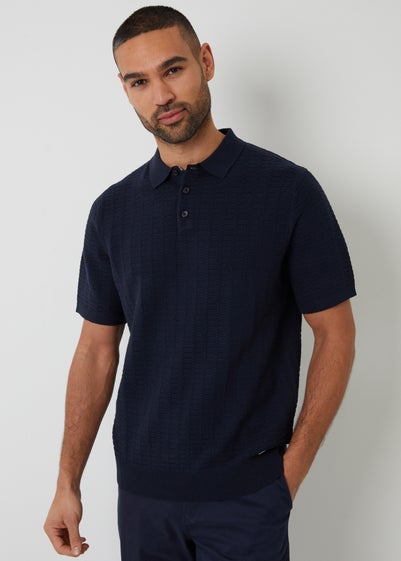 Threadbare Navy Cotton Mix Short Sleeve Textured Knitted Polo Shirt