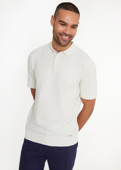 Threadbare Ecru Cotton Mix Short Sleeve Textured Knitted Polo Shirt