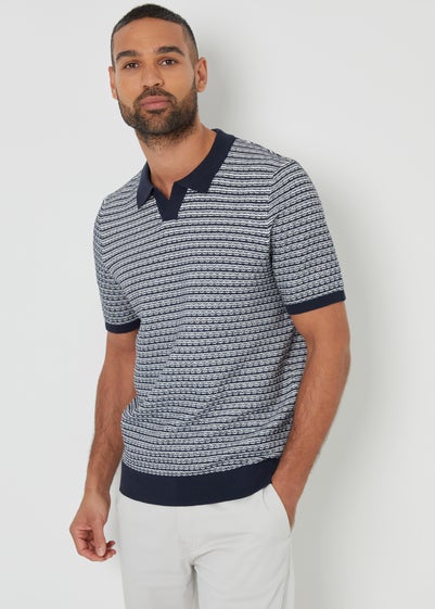 Threadbare Navy Textured Stripe Trophy Neck Knitted Polo Shirt