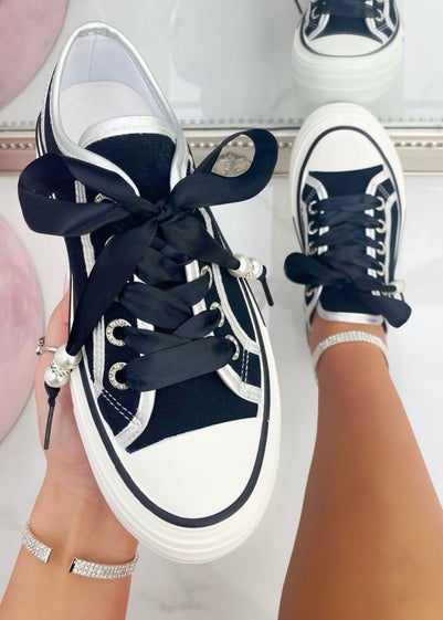 Love Lemonade Black Crystal Lover Lace Up Platform Trainers