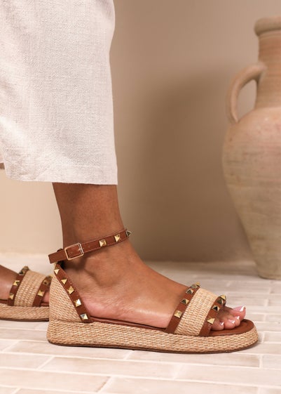 Where's That From Tan PU Aviva Studded Gladiator Espadrille Flatform