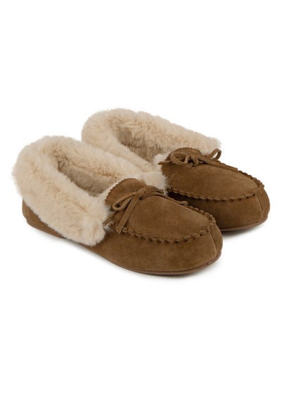 Totes Isotoner Tan Genuine Suede Moccasin with Faux Fur Lining