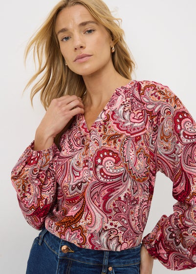 Burgundy Paisley V Neck Blouse