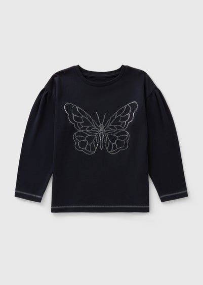 Girls Navy Rhinestone Butterfly Top (7-15yrs)