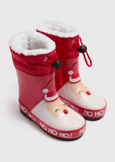 Kids Red Santa Warm Lined Wellies (Younger 4-12)