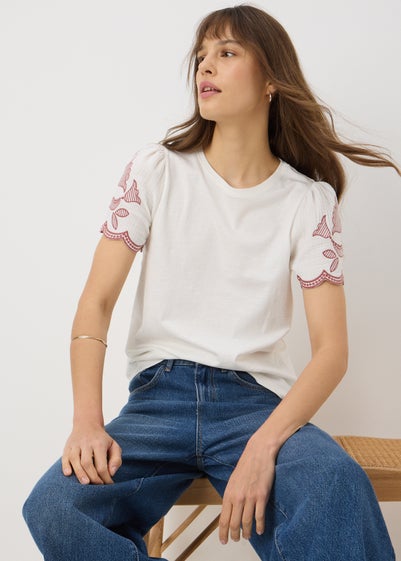 Cream Embellished Sleeve T-Shirt