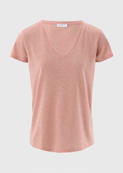 Pink Linen Blend V Neck T-Shirt