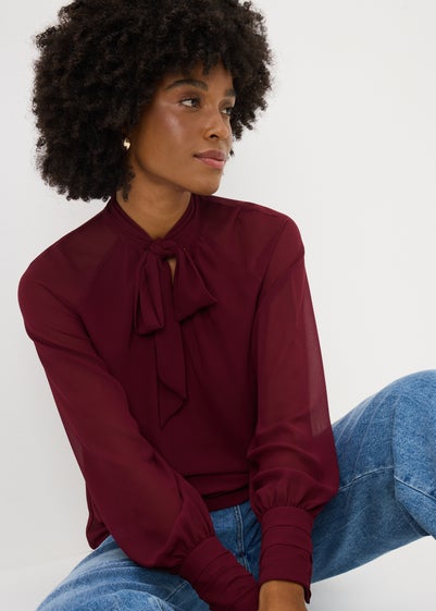 Burgundy Tie Neck Boho Blouse