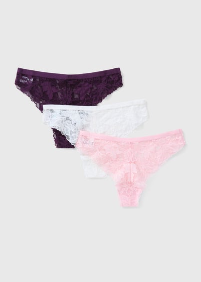 3 Pack Pink & Plum Lace Brazilian Knickers