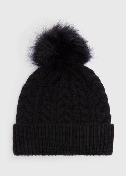 Black Cable Knit Pom Pom Beanie Hat
